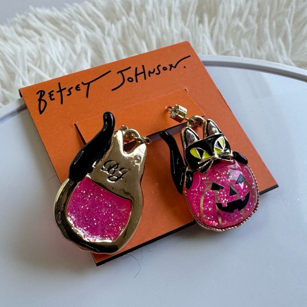 Betsey Johnson Rare Halloween Pink Pumpkin Black Cat Earrings - Picture 8 of 12